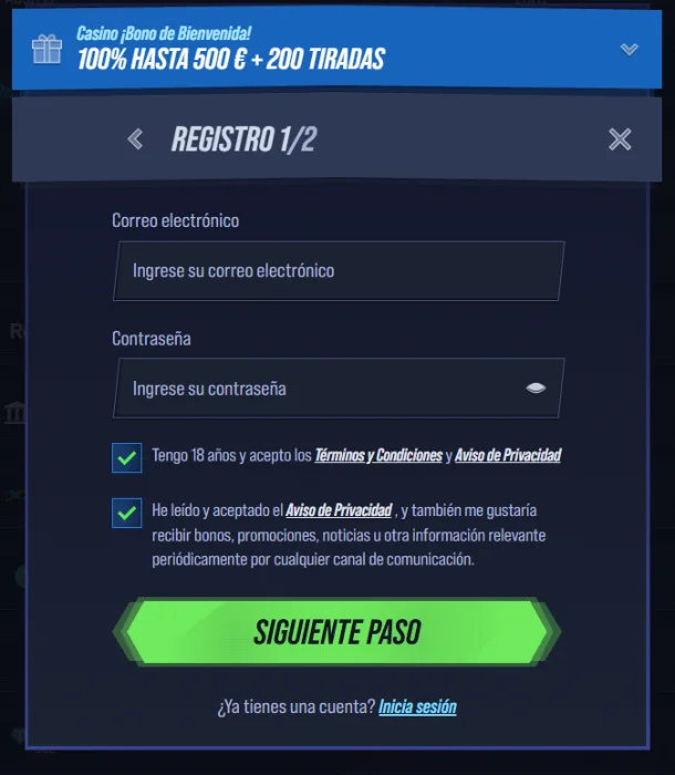 VegasHero Casino formulario de registro con bono de bienvenida del 100% hasta 500€